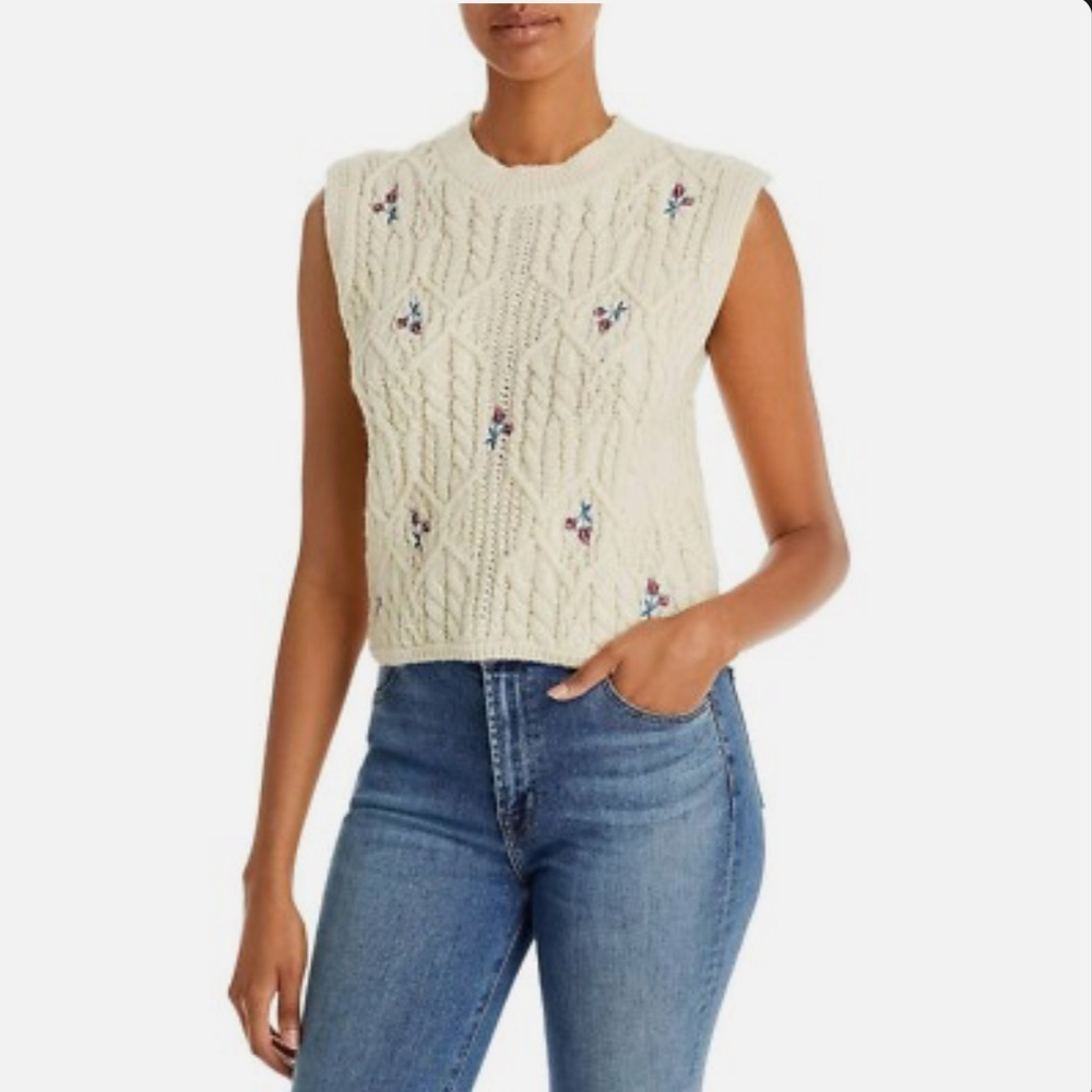 💐 Ivory Cream Cable Knit Sweater Vest with Floral Embroidery